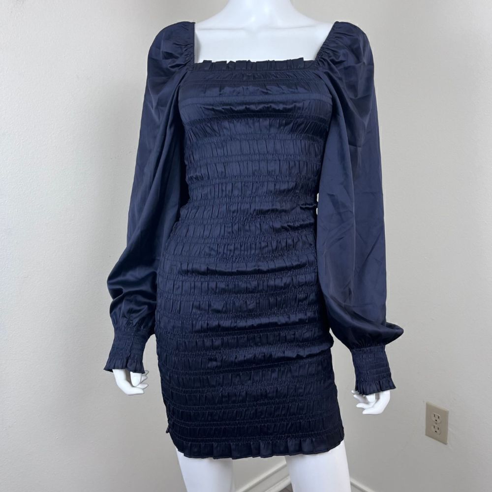 Dress Forum Women Size S Blue Smocked Satin Pullover Long Sleeve Mini NEW Dress - Picture 13 of 15